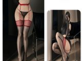 光沢シアー 超薄型メッシュサスペンダーストッキング（黒・赤） オイリー テカテカストッキング オーロラ美脚 オープンガータースタイル F515
